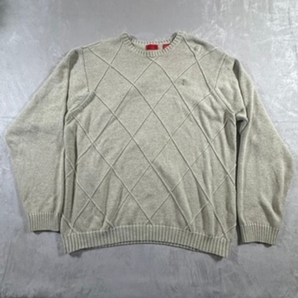 IZOD Sweater Mens Diamond Cable Knit Preppy Large Tan
